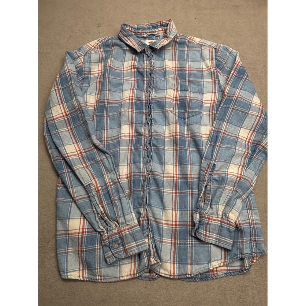 Marine Layer Mens Large Blue Plaid Flannel Button Down Shirt Long Sleeve L